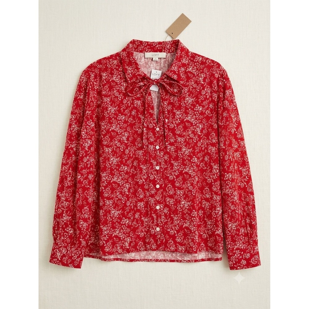 Loft Red Floral Tie Neck Button Down Blouse Long Sleeve Top NWT Size L